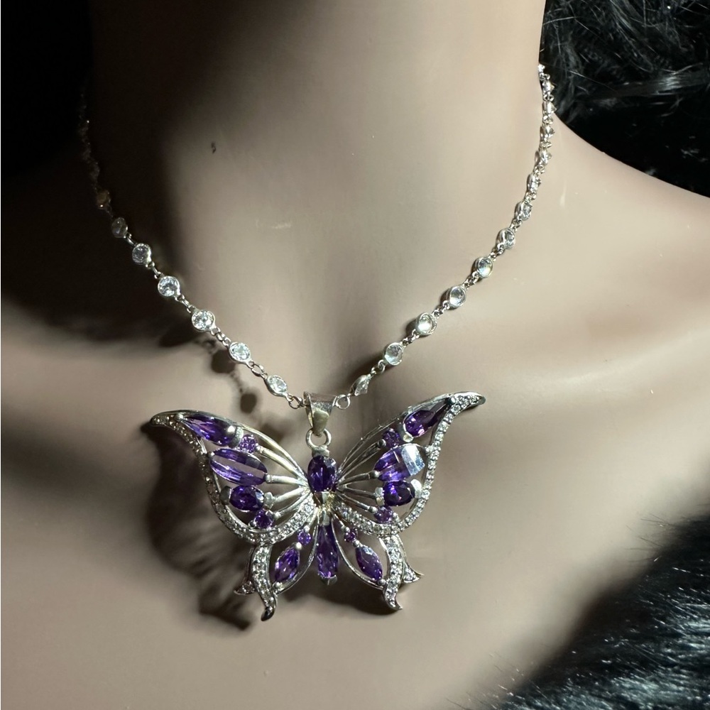 Sterling Silver 16” Diamond-Studded Chain with Purple Stone Butterfly Pendant